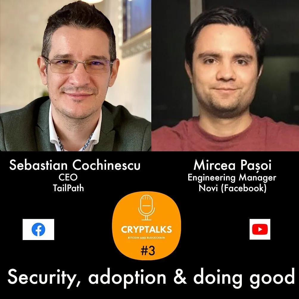 Un afiș promoțional îi prezintă pe Sebastian Cochinescu și Mircea Pasoi într-o discuție CrypTalks.