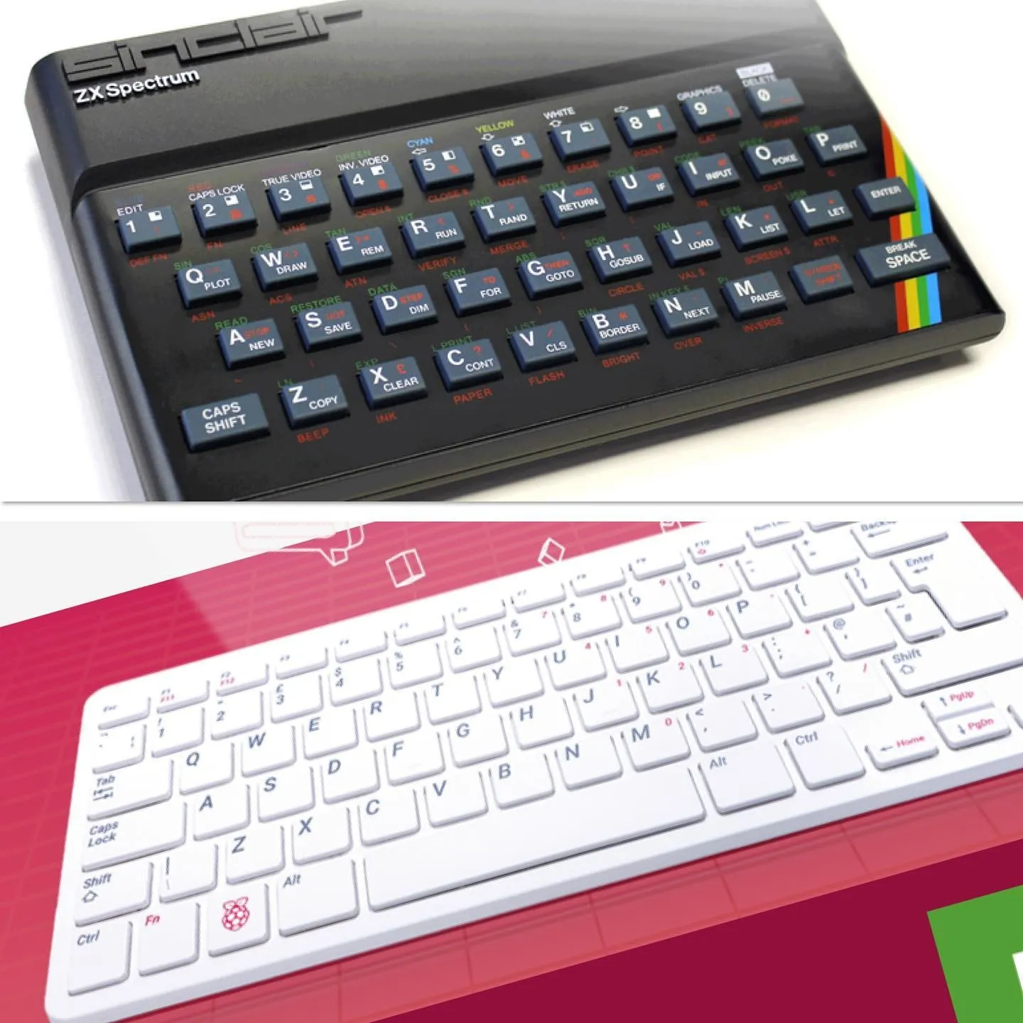 Un Sinclair ZX Spectrum apare deasupra unui calculator modern Raspberry Pi 400 integrat într-o tastatură.
