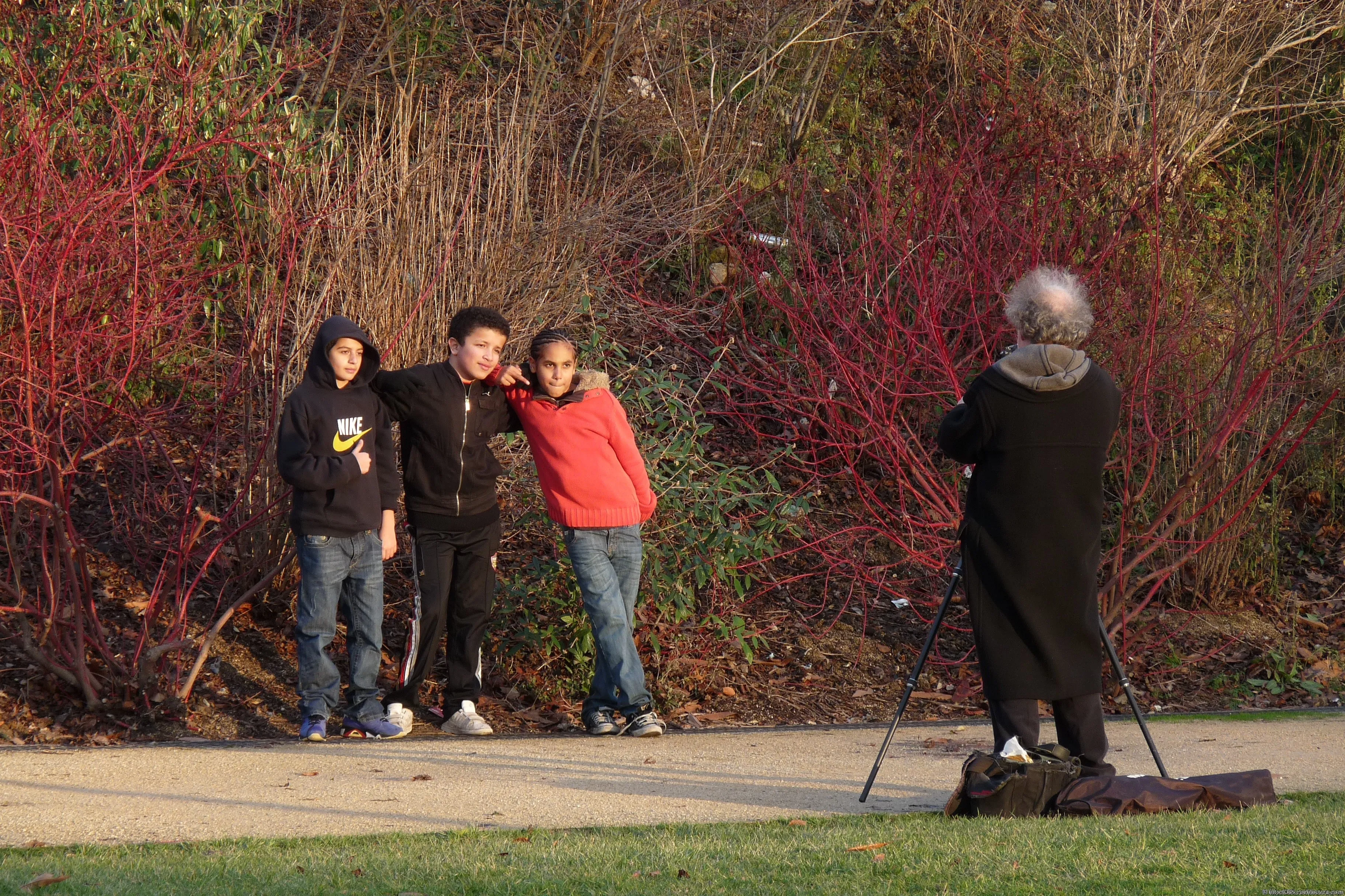 Trei adolescenți pozează în fața unui fotograf, lângă tufele roșii din parc.