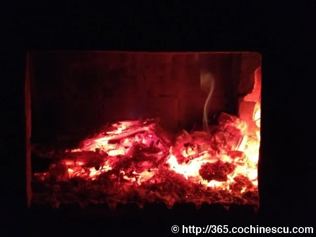 Jarul și câteva bucăți de lemn ard într-un șemineu întunecat.