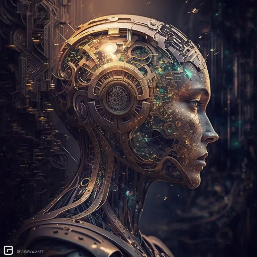 Profilul unui android feminin futurist, cu circuite aurii la vedere și componente mecanice luminoase, pe fundalul unui decor industrial întunecat.