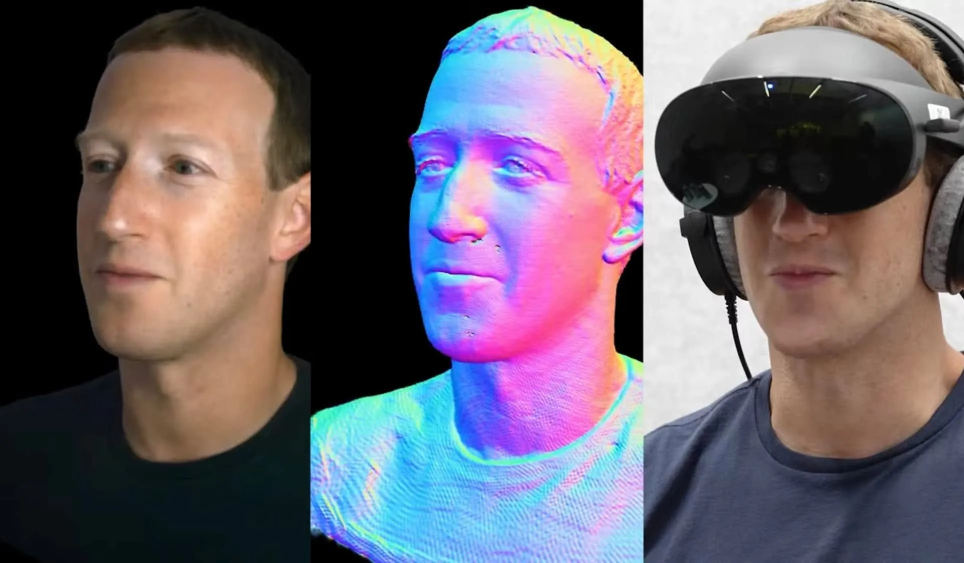 Trei imagini alăturate cu Mark Zuckerberg: o fotografie reală, o scanare 3D colorată a feței și el purtând o cască VR mare.