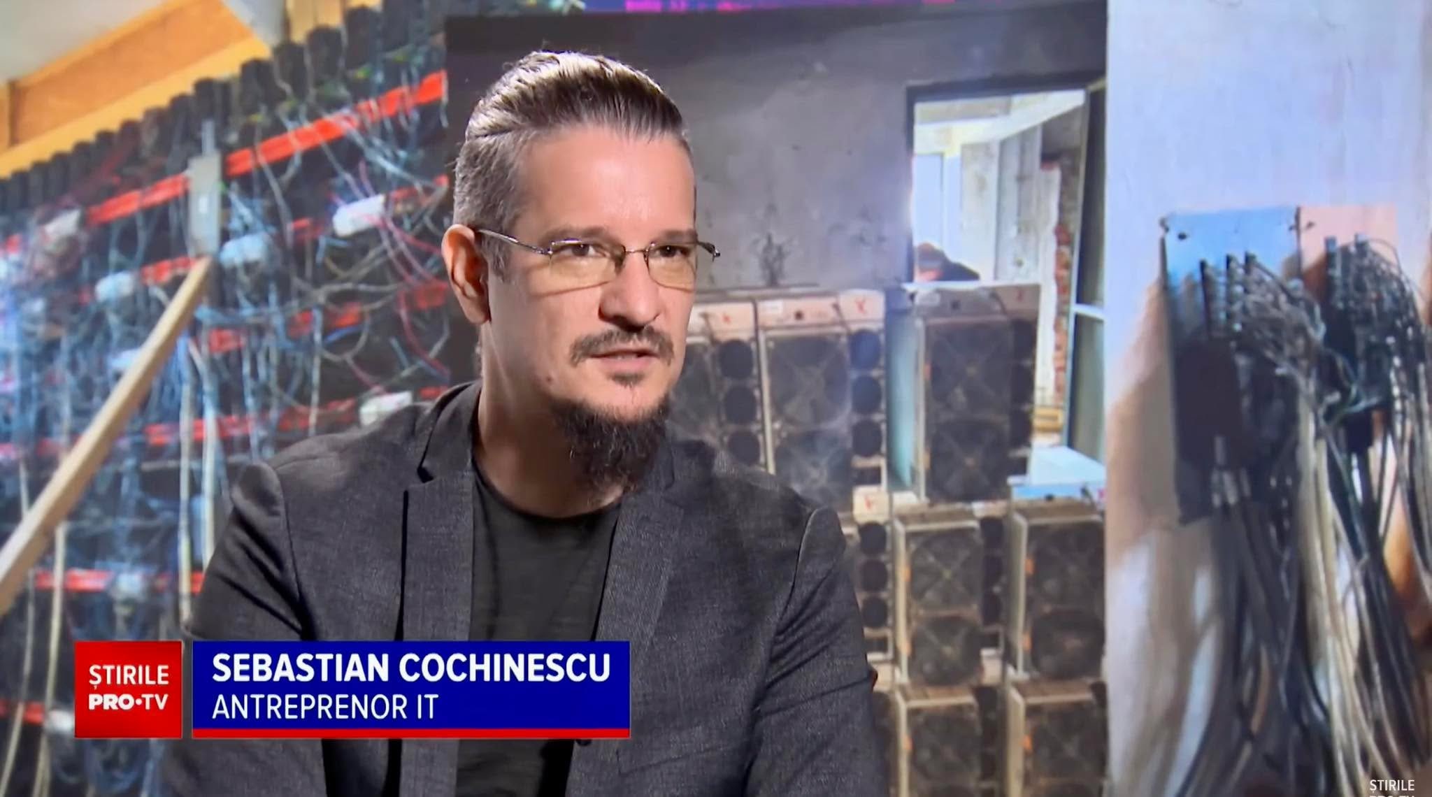 Sebastian Cochinescu speaking on Știrile ProTV, with mining rigs shown in the report